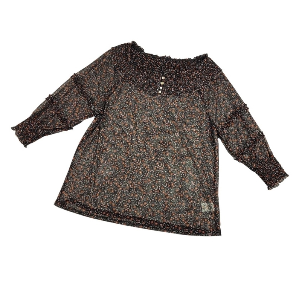 Bobeau Womens Sheer Ditsy Floral Peasant Blouse Sz Medium Smocked Neck Boho